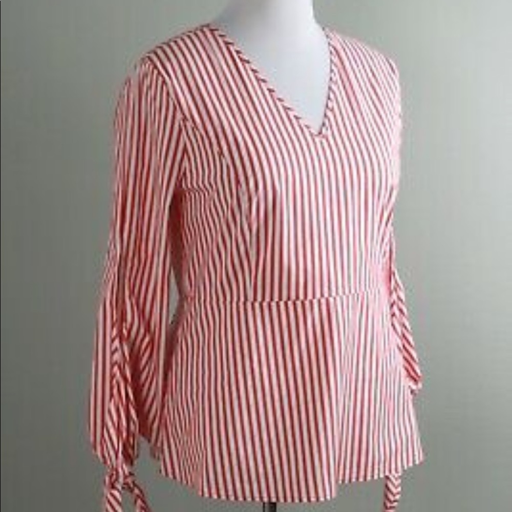 J. Crew Red and White Striped V-Neck Tie-Sleeve Peplum Blouse
